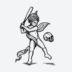 an angel holding a baseball bat next to a skull