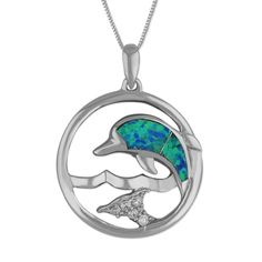 Includes 16 Inch Adjustable To 18 Inch 1mm Silver Box Chain Beautiful Aqua Colored Synthetic Opal And Synthetic Cubic Zirconia Rhodium Plated Sterling Silver For Superior Finish And Anti-Tarnish Properties Includes Black Pouch And Black Jewelry Box A Beautiful And Unique Hawaiian Gift Dolphin in circle pendant with aqua colored synthetic opal inlay and synthetic cubic zirconia to accent. Pendant measures 7/8 inch (0.88 inch) tall and 7/8 inch (0.88 inch) wide and includes a 1mm 16 inch (adjustab Blue Hypoallergenic Round Pendant Jewelry, Sapphire Round Metal Jewelry, Blue Metal Round Pendant Jewelry, Blue Hypoallergenic Metal Jewelry, Black Jewelry Box, Hawaiian Gifts, Black Pouch, Shell Collection, Synthetic Opal