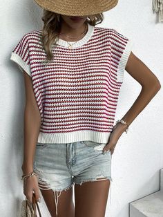 Casual Sleeveless Hollow-Out Loose Knitted T-Shirt With Random Floral Patterns For Women, Spring/Summer Red Casual  Sleeveless Knitwear Striped  Slight Stretch Spring/Summer Women Clothing, size features are:Bust: ,Length: ,Sleeve Length: Oversized Short Sleeve Knit Top For Summer, Spring Beach Striped Knit Top, Summer Textured Knit T-shirt With Short Sleeves, Spring Textured Knit T-shirt, Summer Knitted V-neck Top, Dolman Top, Round Neck Sweaters, Red Stripe, Sweater Sleeves