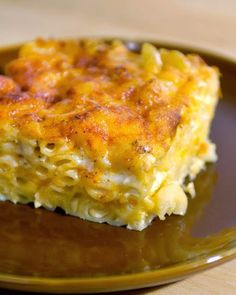 a piece of casserole on a brown plate