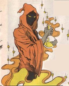 a drawing of a person in a hooded outfit holding a cup with stars on it