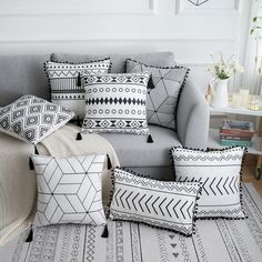 Black and White Geometric Pillow Covers - Tea + Linen Suede Sofa, Grey Couch, Tassel Pillow, Black And White Pillows, Bantal Sofa, Stylish Pillows, Deco Originale, Sofa Cushion Covers