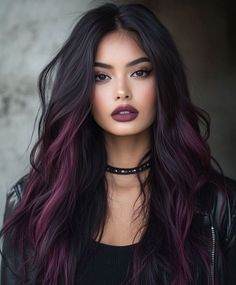 Fall Hair Color For Brunettes Purple, Mauve Balayage Brunettes, Subtle Coloured Hair, Hair Color Ideas For Brunettes Blue Eyes, Dark Hair With Purple Balayage, Long Dark Fall Hair Color, Deep Red Black Hair, Fall Black Hair Color, Revenge Hair Color