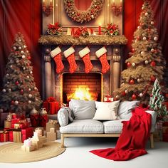 a living room decorated for christmas with red and white decorations on the fireplace, stockings and stockings