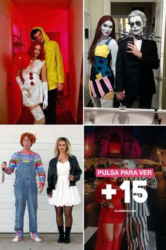 four different pictures with people dressed up in costumes and text that says pulsa para ver