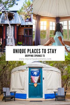 a woman sitting in front of a yurt with the words unique places to stay during spring