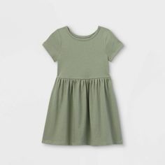 Toddler Girls' Solid Knit Short Sleeve Dress - Cat & Jack™ Olive Green 18m : Target Army Green Dress, Toddler Girl Shorts, Organic Cotton Dress, Knit Short, Sleeveless Tshirt, Knit Shorts, Short Sleeve Dress, Toddler Girl Outfits, Dress Romper