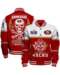 Super Bowl LVIII 49ers Skull Win Or Lose Varsity Jacket Team Spirit Outerwear For Sports Season, Long Sleeve Varsity Jacket For Sports Fans, Game Day Long Sleeve Winter Track Jacket, Team-colored Outerwear For Game Day And Sports Season, Winter Team Spirit Fan Gear Outerwear, Long Sleeve Track Jacket For Game Day In Winter, Long Sleeve Outerwear For Baseball Game Day, Winter Long Sleeve Track Jacket For Game Day, Team-colored Outerwear For Game Day In Winter