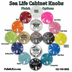 an assortment of different colored buttons with the words sea life cabinet knobs on them