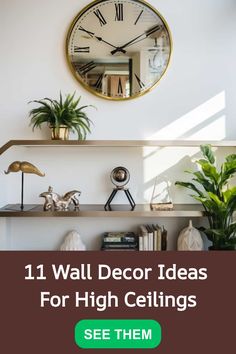 a living room with a clock on the wall and plants in vases next to it