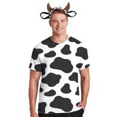 a man wearing a black and white cow print t - shirt with horns on his head