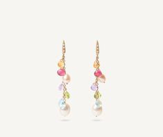 Elegant and sophisticated, these drop earrings feature a cascade of colorful heart-cut gemstones alternating with multicolored freshwater pearls. They are further embellished with a hook of brilliant-cut diamonds.