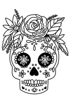 a sugar skull with flowers on it's head and leaves in the middle, black and white