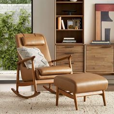 Desmond Leather Rocking Armchair | Castlery US Rocking Armchair, Armchair With Ottoman, Rocking Chair Set, Sitewide Sale, Slim Frame, Ottoman Set, Leather Ottoman, Mid Century Modern Design, Classic Silhouette