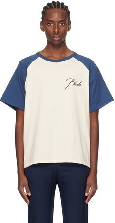 Cotton jersey T-shirt. · Rib knit crewneck · Logo embroidered at front and back · Raglan sleeves Supplier color: Vtg white/Vtg blue Crew Neck Top With Embroidered Logo In Relaxed Fit, Mens Raglan, Ski Club, Raglan Shirts, Knit Crewneck, Jersey T Shirt, White T, Logo Embroidered, Luxury Streetwear