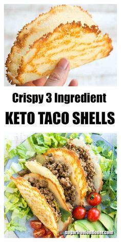 two pictures with the words crispy 3 ingredient keto taco shells on them