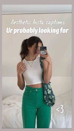 a woman taking a selfie with her cell phone in front of her face and the text aesthetic insta captions ur probably looking for 3