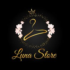 the logo for lunaa store with flowers and a dress hanger in gold on a black background