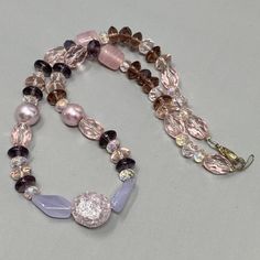 VTG Art Glass Necklace Pink Purple AB Crystal Bead Faux Quartz Alexandrite 16"