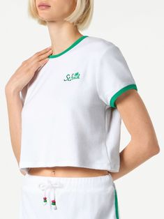 Woman cropped t-shirt terry cotton White solid color with green piping Embroidered logo Composition: Terry cotton | MC2 Saint Barth Women's Cropped T-shirt With Piping in White | SS22 White Solid Color, Tech Apps, Logo Composition, Saint Barth, Tech Fashion, White Solid, Cropped T Shirt, Crop Tshirt, Women Crop