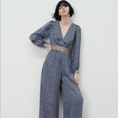 Wrap-Front V-Neck Jumpsuit With Long Sleeves. Contrast Waist And Cuff Detail. Front Pockets. Wide Leg. Back Hidden In-Seam Zip Closure With Opening And Lined Button. Brand New With Tags. L: Armpit To Armpit 22” Length 54”, Full Waist 30” Chic V-neck Pantsuit For Party, Chic Zara Jumpsuits And Rompers, Zara Jumpsuits And Rompers For Spring Night Out, Chic Blue V-neck Pantsuit, Chic Zara Jumpsuits And Rompers For Date Night, V-neck Jumpsuits And Rompers For Date Night In Fall, Zara Evening Jumpsuits And Rompers For Spring, Spring Evening Jumpsuits And Rompers By Zara, Elegant Zara Jumpsuits And Rompers For Work