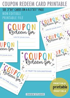 printable coupon cards with the words coupon on them and four different designs