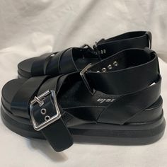 Size 8 Two Buckle Platform Sandals! Brand New Without Tag! Black Sandals With Metal Pin Buckle For Spring, Black Sandals With Metal Pin Buckle, Spring Black Sandals With Metal Pin Buckle, Edgy Spring Sandals With Buckle Closure, Edgy Synthetic Sandals For Summer, Edgy Summer Platform Sandals, Silver Footbed Sandals With Removable Insole And Round Toe, Silver Sandals With Buckle Closure For Summer, Silver Footbed Sandals With Round Toe For Summer