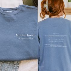 Motherhood is My Ministry, Homeschool Sweatshirt, Homeschool Mom Sweatshirt, Christian Sweatshirt, Comfort Colors, Christian Gifts for Women, Future Mom Gift, Christian Sister Gift Embrace comfort and faith with our Christian-inspired Comfort Colors Sweatshirt. Crafted with the softest materials and featuring timeless designs, this Motherhood is My Ministry sweater is perfect for expressing your faith while staying cozy. Whether you're lounging at home or heading out, let your style speak volume Relaxed Fit Long Sleeve T-shirt For School, Winter School T-shirt With Letter Print, School Crew Neck Sweatshirt With Name Print, Crew Neck Cotton Hoodie With Name Print, Cotton Crew Sweatshirt With Name Print, Cotton Long Sleeve Sweatshirt With Name Print, School Long Sleeve T-shirt With Name Print, Blue Letter Print Sweatshirt For School, Long Sleeve Sweatshirt With Text Print For School