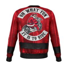 a red leather jacket with an image of santa riding a motorcycle and the words oh what fun it is to ride