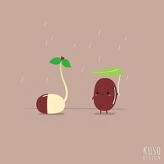 an illustration of two fruits in the rain with leaves on their heads, and one has a green leaf attached to it's head