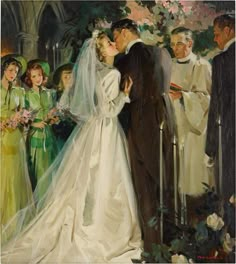 a painting of a bride and groom kissing in front of their wedding guests, with flowers on the ground