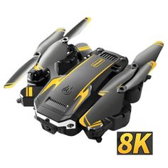 a black and yellow remote controlled flying device