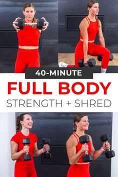 the full body strength and shred workout routine is shown in three different pictures, including one