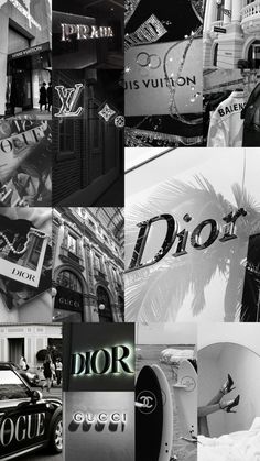 black and white collage with the word dior written on it's side