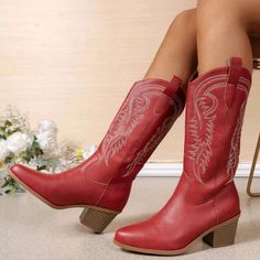 Redembroidery Leather Hi-Heel Western Cowboy Boots Red Slip-On Upper Material: Pu Leather Lining Material: Fabric, Pu Leather Insole Material: Fabric Outsole Material: Rubber Western Boots Yeehawcowboy.com, Tall Cowgirl Boots Red, Heart Western Boots, Cowboy Boots Me, Non Slip Cowboy Boots, Cowgirl Boots Wine, Sparkly Red Cowgirl Boots, Red Boots Casual, Red Bridal Boots