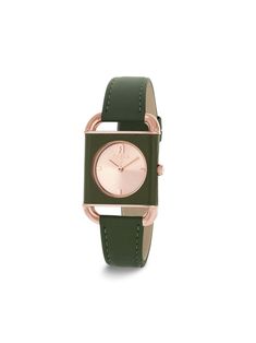 dark green stainless steel case leather strap square face quartz movement index dial stick hands logo-engraved gold-tone hardware buckle-strap fastening Modern Square Leather Watch, Modern Green Watch With Rectangular Dial, Leather Watch With Rectangular Dial, Modern Formal Watches With Gold-tone Hardware, Elegant Green Rectangular Watch, Elegant Green Rectangular Watches, Rectangular Leather Strap Watch For Work, Modern Green Watch Accessories With Rectangular Dial, Elegant Green Watches With Rectangular Dial