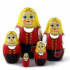 a group of red and black nesting dolls with blonde hair, dressed in traditional clothing