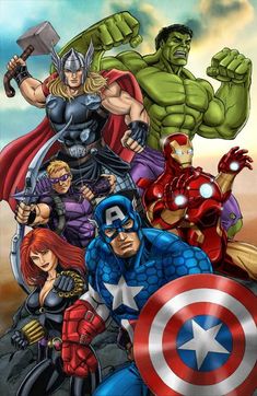 the avengers assemble poster is displayed on a red background with an image of various characters