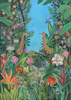 a painting of giraffes and zebras in the jungle