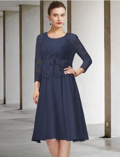 Two Piece A-Line Mother of the Bride Dress Elegant Jewel Neck Knee Length Chiffon Lace 3/4 Length Sleeve with Bow(s) Appliques Formal Chiffon Dress With 3/4 Sleeves, Chiffon Dress With 3/4 Sleeves For Formal Events, Chiffon Dress With 3/4 Sleeves For Formal Occasions, Blue 3/4 Sleeve Dress For Mother Of The Bride, Bride Dress Elegant, Mother Of The Bride Dress, Jewel Neck, Dress Elegant, Chiffon Lace