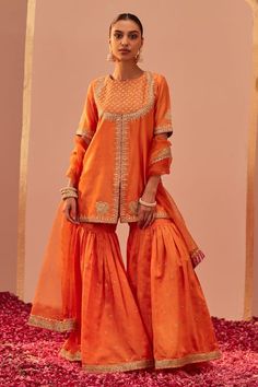 Buy Orange Kurta And Gharara Silk Chanderi Hand Block Printed Mughal Suhair Set For Women by Sheetal Batra Online at Aza Fashions.