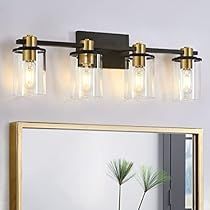 a bathroom vanity with three lights and a mirror on the wall next to a potted plant