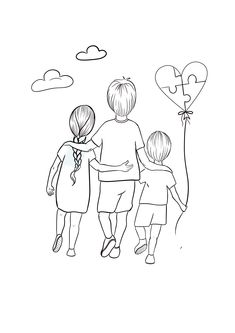 an adult and two children holding hands while walking down the street with balloons in the sky