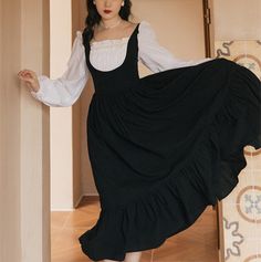 Welcome To Kukombo Official Store! Black Underbust Summer Dress, Black Underbust Corset Dress With Ruffles, Black Underbust Dress With Ruffles, Fitted Sleeveless Pinafore Dress With Ruffles, Black Square Neck Dress With Ruffles, Black Dress Vintage, Cottagecore Dresses, Cottagecore Clothes, Vintage Black Dress