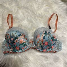 Stunning Bra, Such A Pretty Design. Wish I Fit This, I Couldn’t Find It In My Size And Ended Up Buying This At Retail Hoping To Fit It But Too Small Victoria's Secret Padded Bra For Spring, Victoria's Secret Padded Bra, Victoria's Secret Spring Padded Bra, Victoria's Secret Blue Partially Lined Bra, Spring Victoria's Secret Padded Bra, Partially Lined Blue Victoria's Secret Bra, Blue Partially Lined Victoria's Secret Bra, Blue Lace Trim Bra For Spring, Victoria's Secret Fitted Floral Print Bra