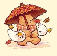 a drawing of a teddy bear holding an umbrella with two chickens under it and falling leaves on the ground