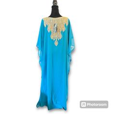 Maxim Creation Dress New With Tag Blue V-neck Kaftan For Party, Blue Fitted Kaftan, Blue V-neck Kaftan For Evening, Fitted Blue Kaftan For The Beach, Blue Fitted Kaftan For Beach, Blue Summer Evening Kaftan, Blue Kaftan For Spring Evening, Blue Kaftan For Evening In Spring, Blue Evening Kaftan For Spring