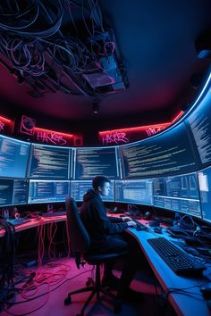 a man sitting at a desk in front of multiple computer monitors with neon lights on them