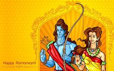 happy ram navami greeting card with an image of lord rama and his wife