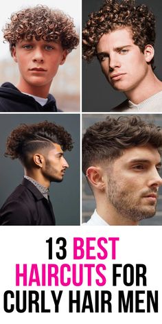 Four men with different curly haircuts. Curly Dry Hair Men Haircut, Kris Bryant Haircut, Curly Hair Tips Men, Medium Men’s Curly Haircut, Men Curly Hair Routine, 3a Mens Haircut